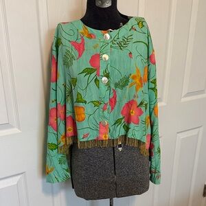 Paradiso Vintage Y2K Floral Top w/ mother of pearl buttons&fun bead fringe